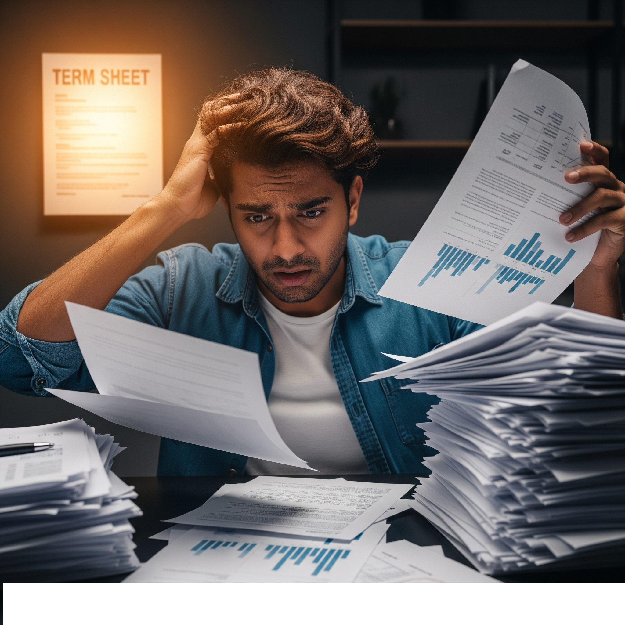 Overwhelmed founder dealing with due diligence paperwork after receiving term sheet